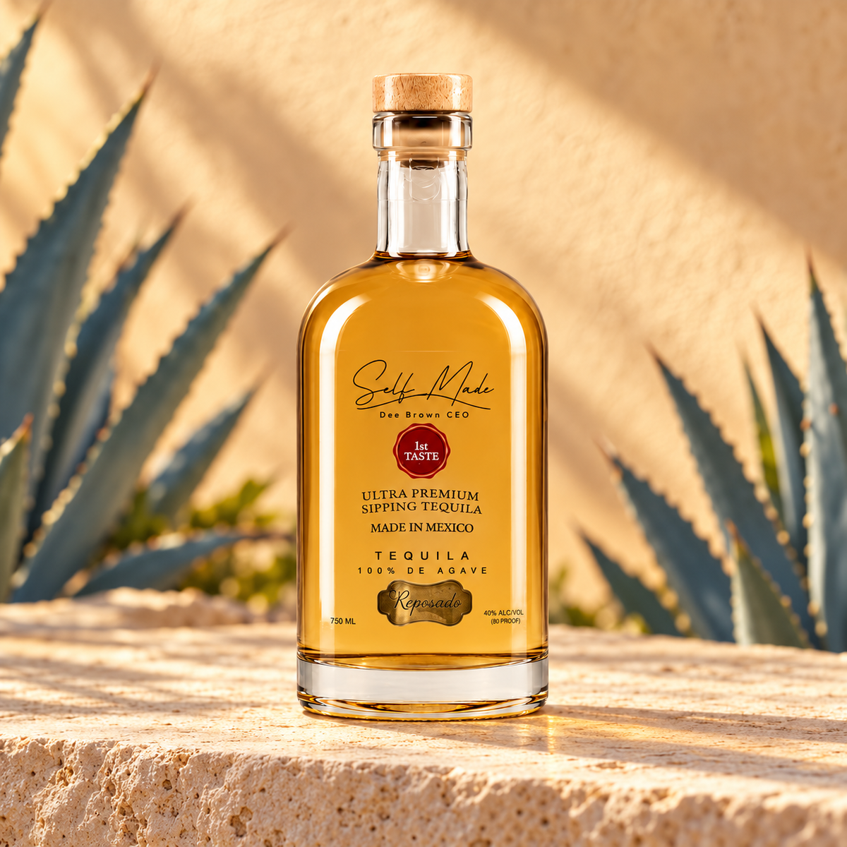 Self Made Reposado bottle on sunlit limestone with blue agave